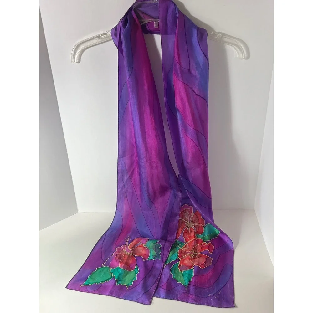 Handpainted Silk Floral Scarf Signed JT Purple Orange Green 8 x 72
